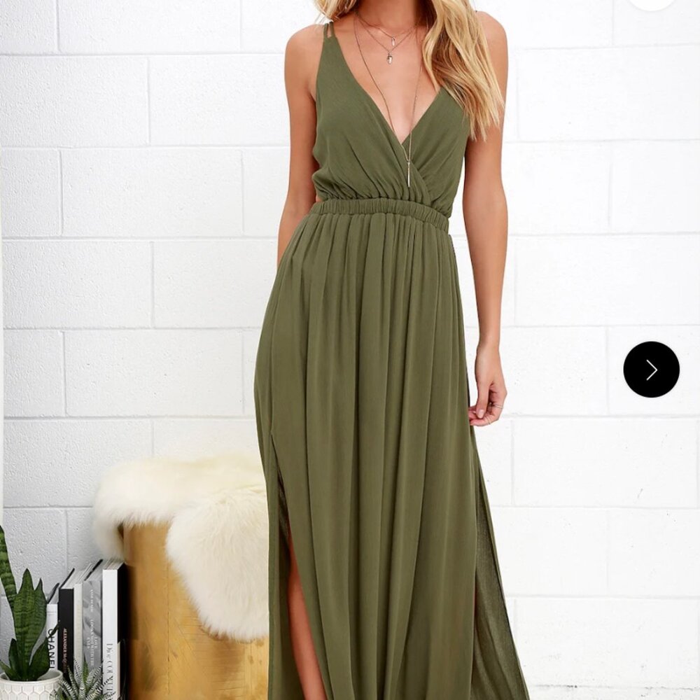 Lulu's Olive Green Backless V-Neck Maxi Dress